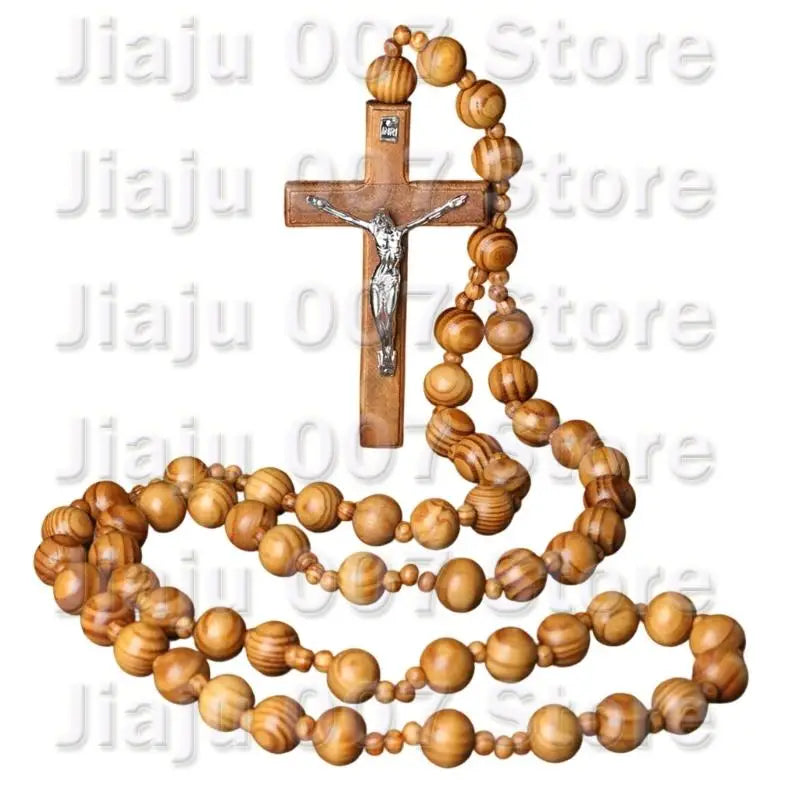 Oversized Wooden Catholic Cross with Rosary Beads - Handcrafted Religious Wall Decor
