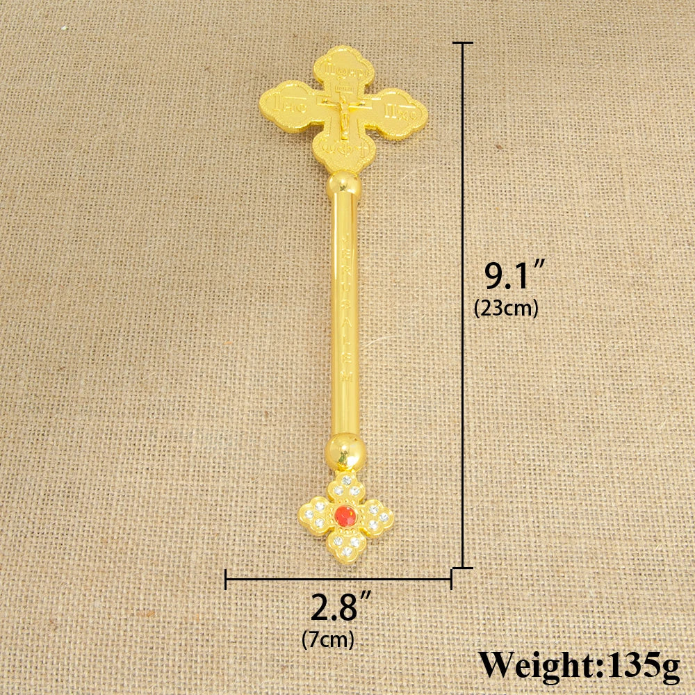Gold-Tone Metal Cross Figurine with Crystal Accents – Decorative Table Sculpture (Orthodox-Inspired)