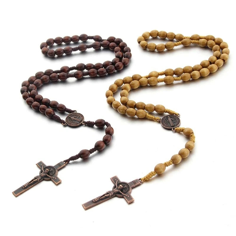 Handmade Wooden Rosary Necklace with Cross Pendant – Catholic Religious Gift for Men & Women, Prayer Necklace