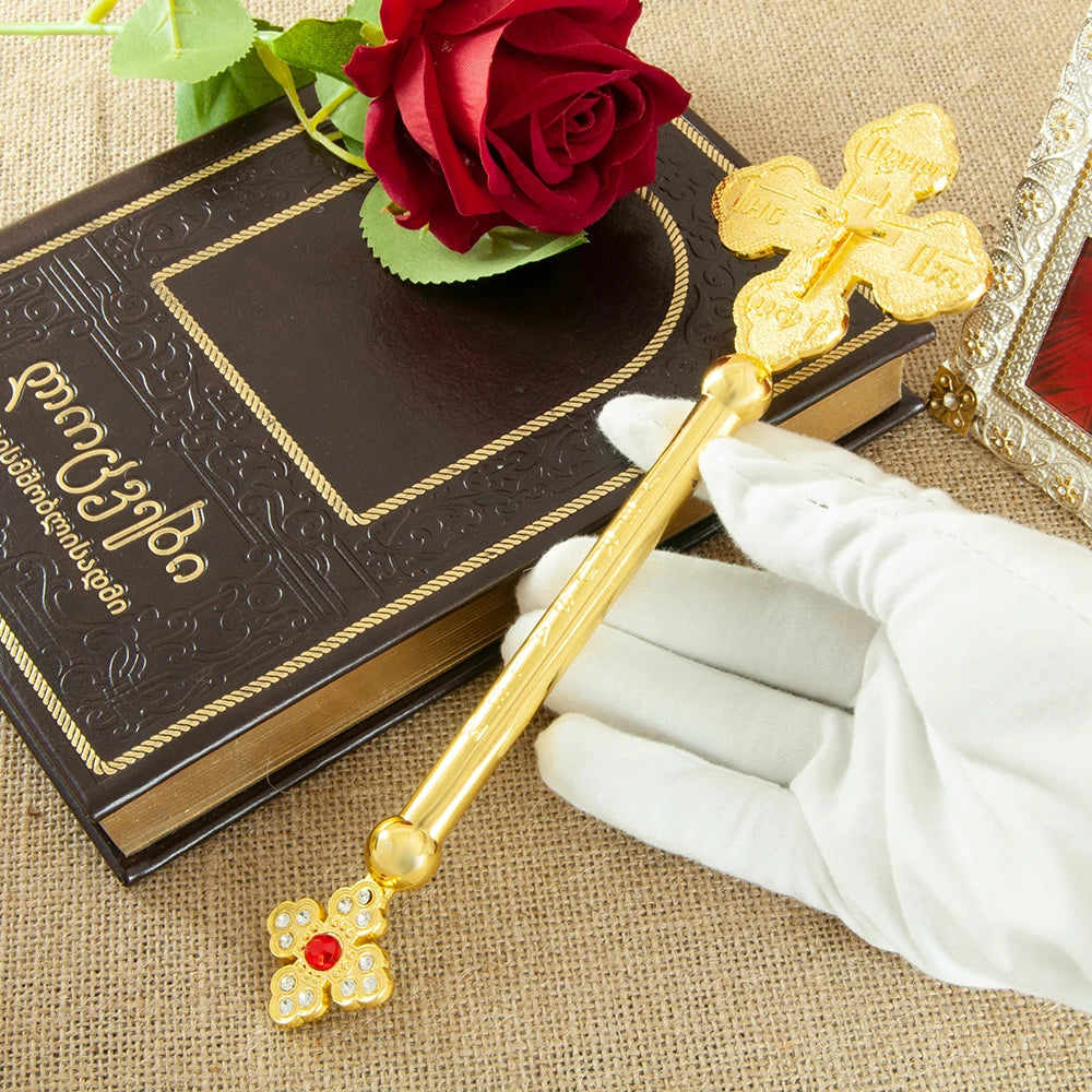 Gold-Tone Metal Cross Figurine with Crystal Accents – Decorative Table Sculpture (Orthodox-Inspired)