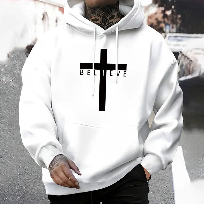 Jesus Cross Printed Hoodie for Men - Urban Casual Streetwear Sweatshirt