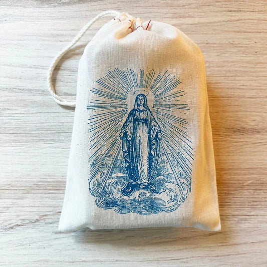 5-Piece Catholic Rosary Pouch Set – Divine Mercy & Virgin Mary Drawstring Cloth Bags