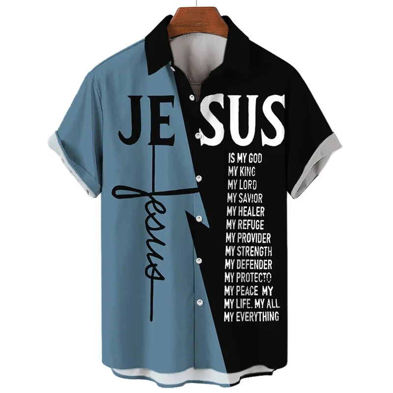 Men’s Jesus Graphic Short Sleeve Shirt – 3D Printed Casual Button-Up, Templar-Inspired Design