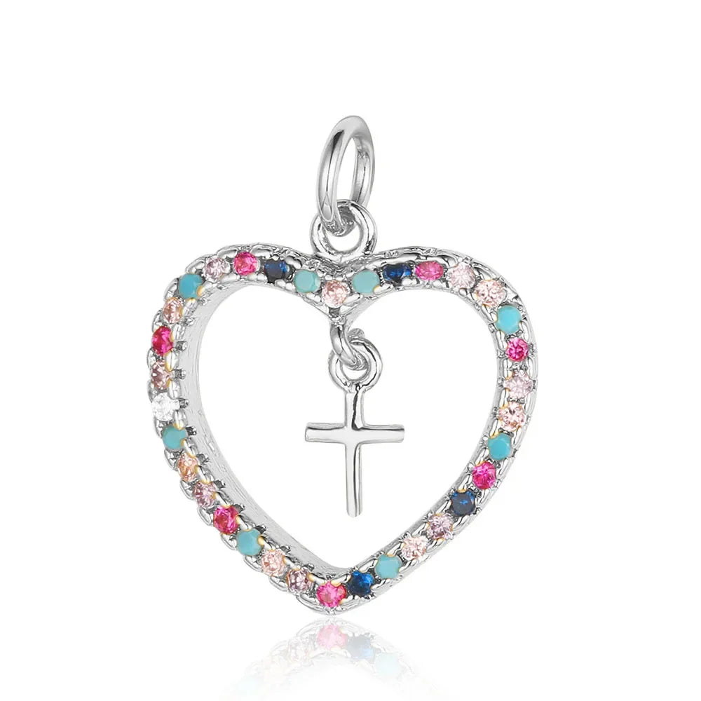 3-Piece Religious Pendant Set – Our Lady & Heart Cross Charms with Cubic Zirconia, Gold or Silver Plated