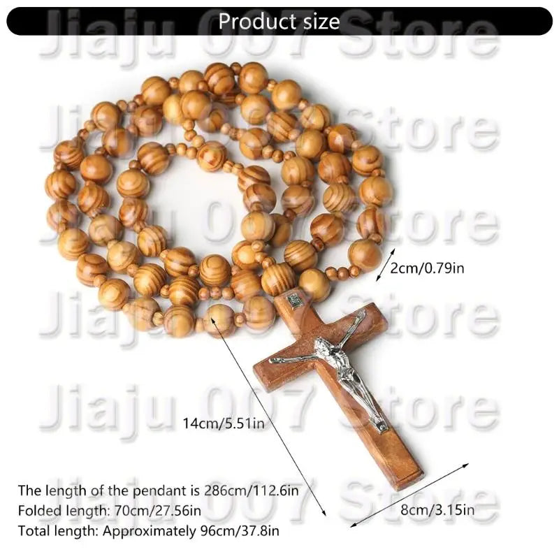 Oversized Wooden Catholic Cross with Rosary Beads - Handcrafted Religious Wall Decor