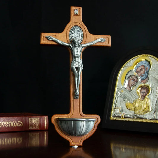 Wall-Mounted Wooden Cross with Water Holder – Traditional Decorative Wood Piece for Home or Chapel
