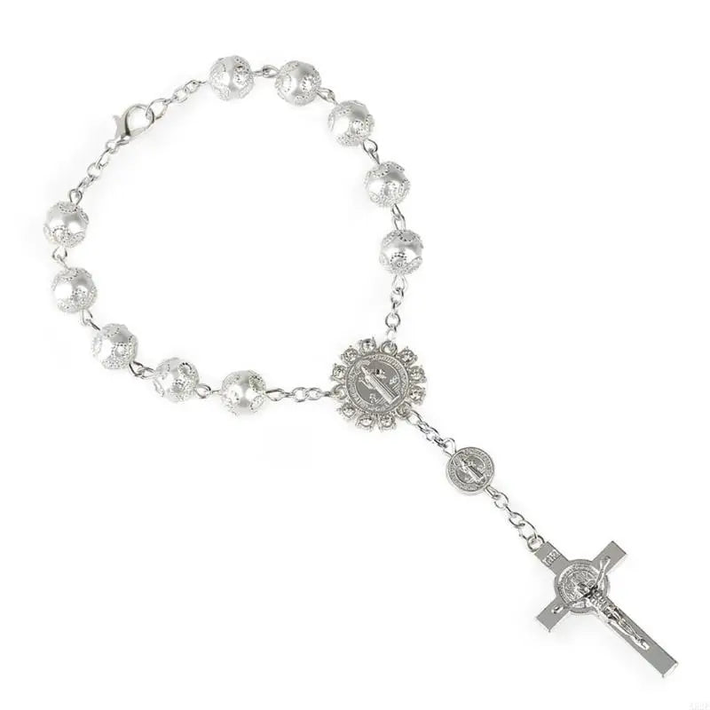 One Decade Car Rosary Beads Catholic Metal Bracelets for Women Silver Tone Beads with Silver Chain and Cross