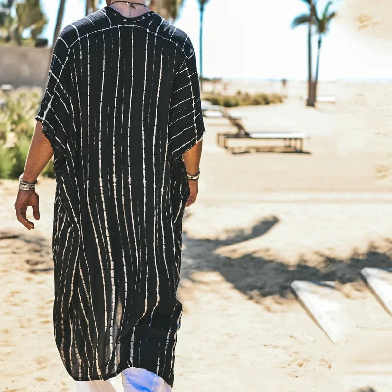 Retro Beach Cardigan Shirt for Men – Lightweight Striped Vacation Pullover with Turn-Down Collar