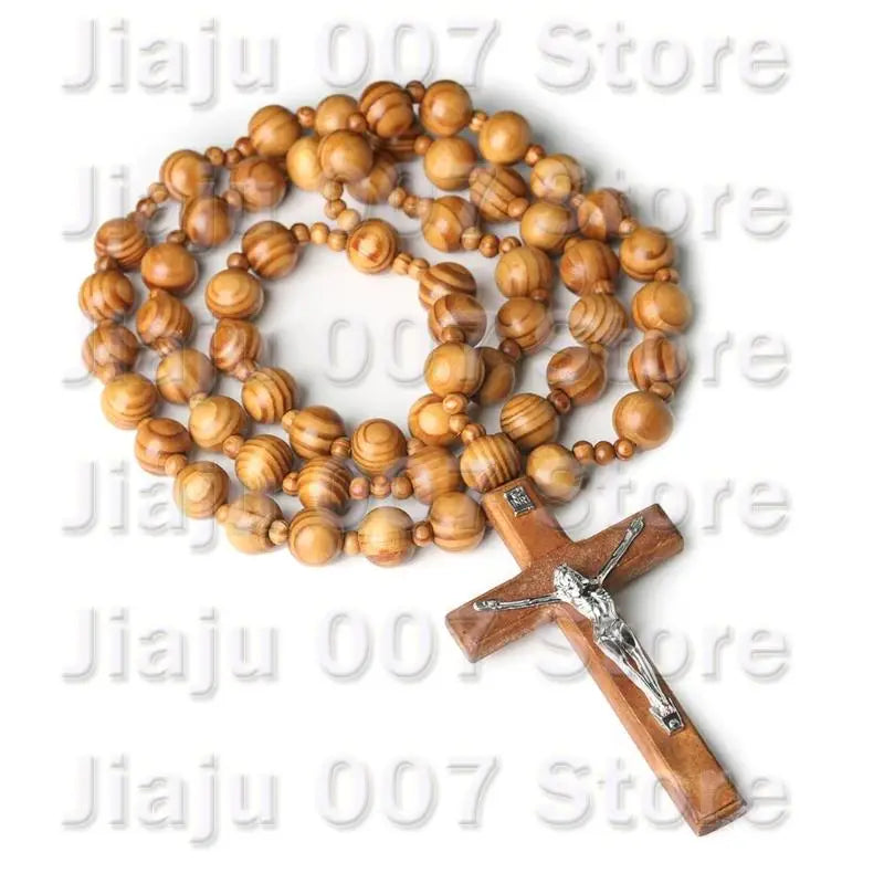 Oversized Wooden Catholic Cross with Rosary Beads - Handcrafted Religious Wall Decor