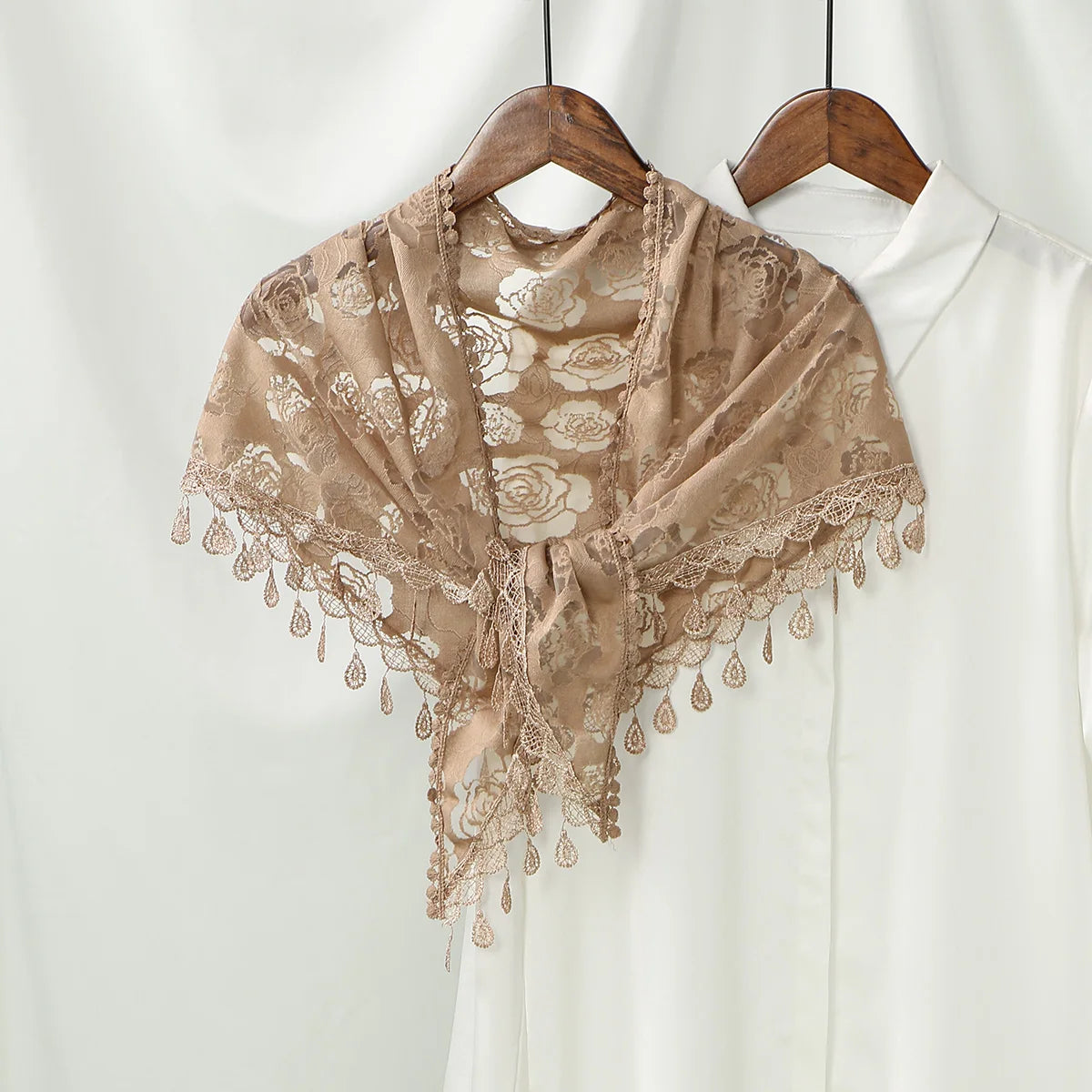 Women Lace Triangle Scarf with Tassel Embroidered Solid Color Shawls Veil Fashion Lightweight Prayer Hijab 160*50cm