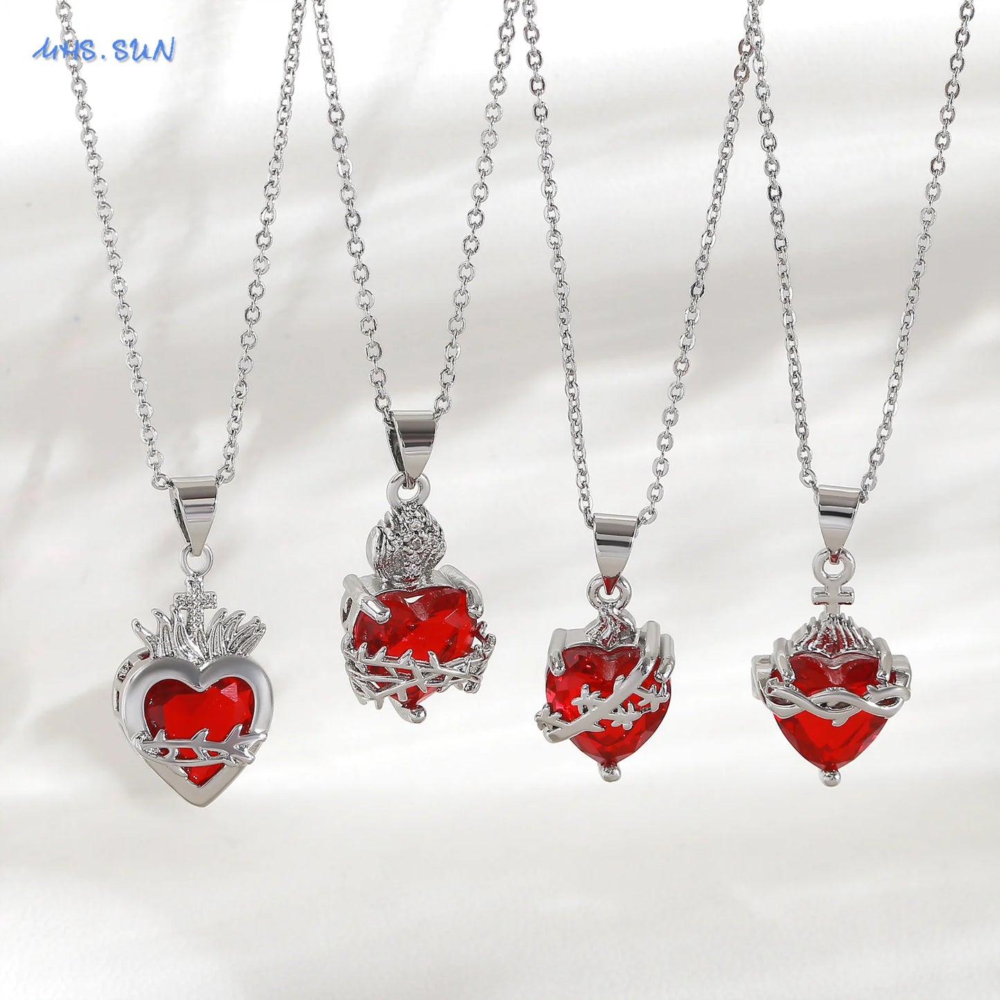 Sacred Heart of Jesus Cross Pendant Necklace with Cubic Zirconia