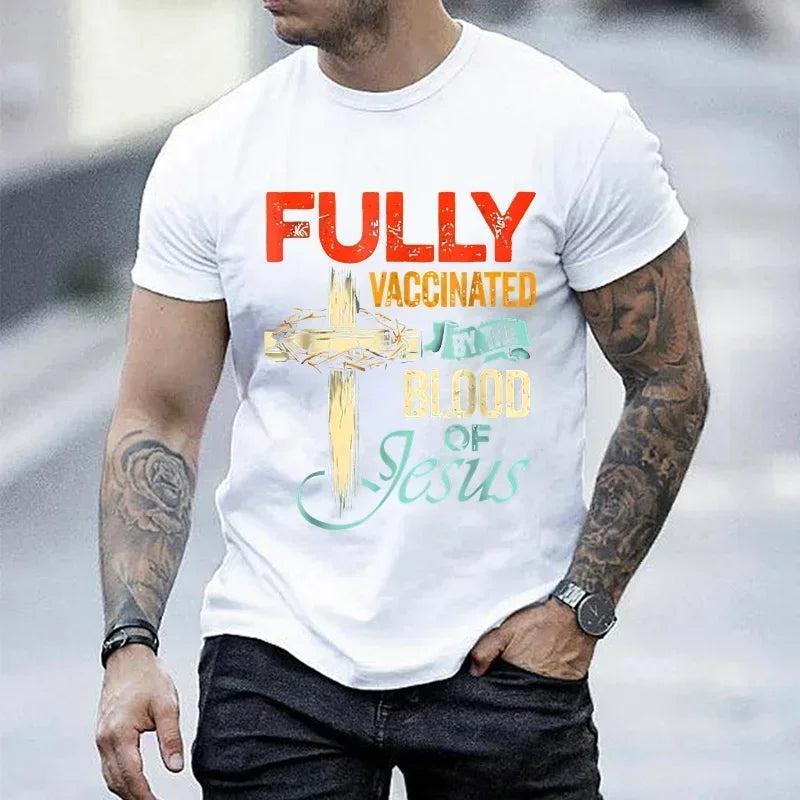 Fully Vaccinated By The Blood of Jesus Faith Christian T-Shirt Black T-shirt Fashion Streetwear for Men Tees