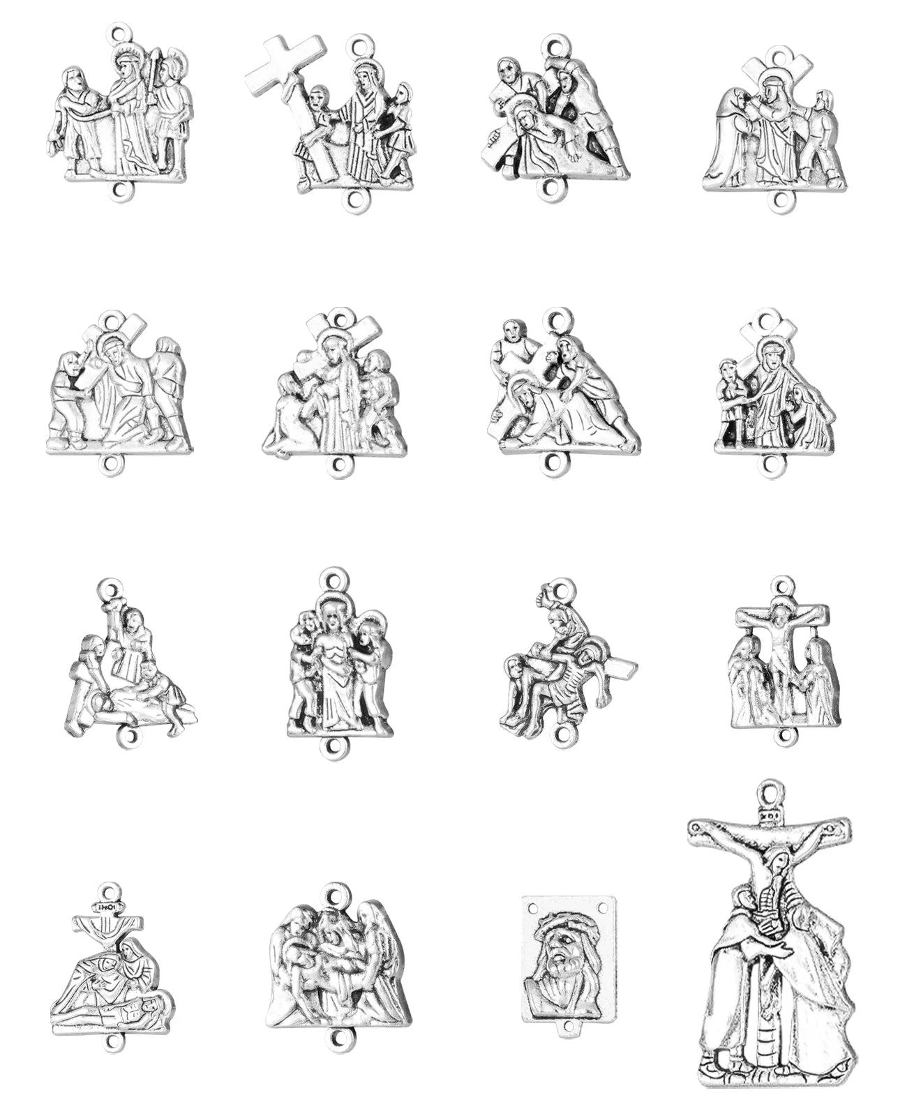 Stations of the Cross 16-Piece Medals Set - Crucifix, Jesus Cross, Crown of Thorns Pendants for Rosary DIY Accessories