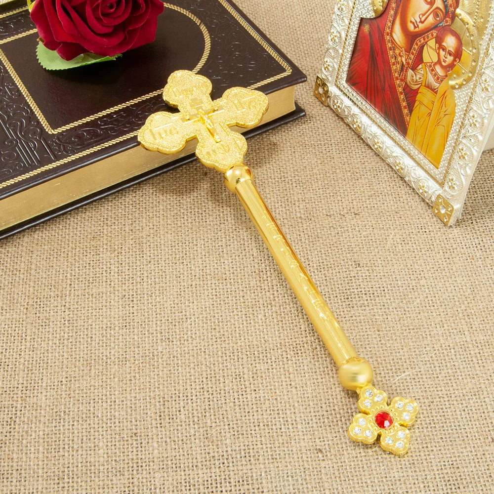 Gold-Tone Metal Cross Figurine with Crystal Accents – Decorative Table Sculpture (Orthodox-Inspired)