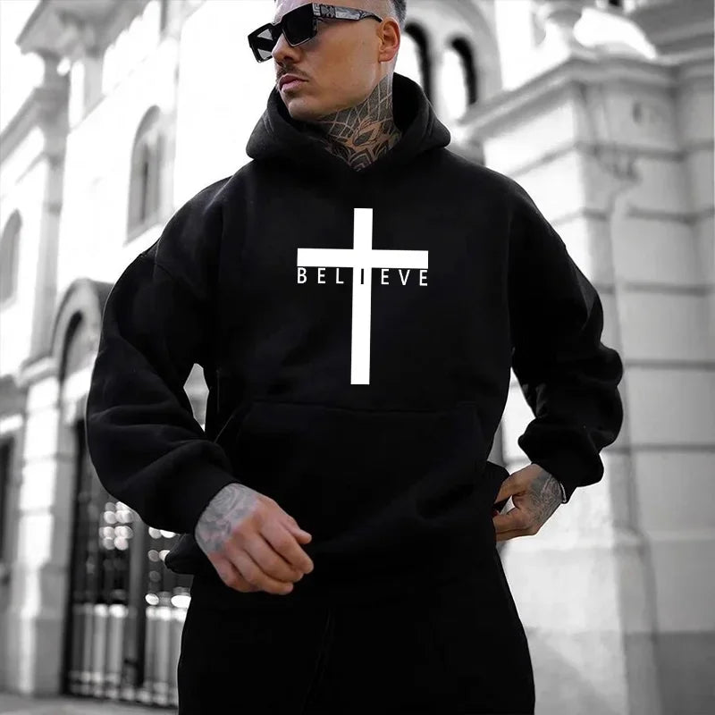 Jesus Cross Printed Hoodie for Men - Urban Casual Streetwear Sweatshirt