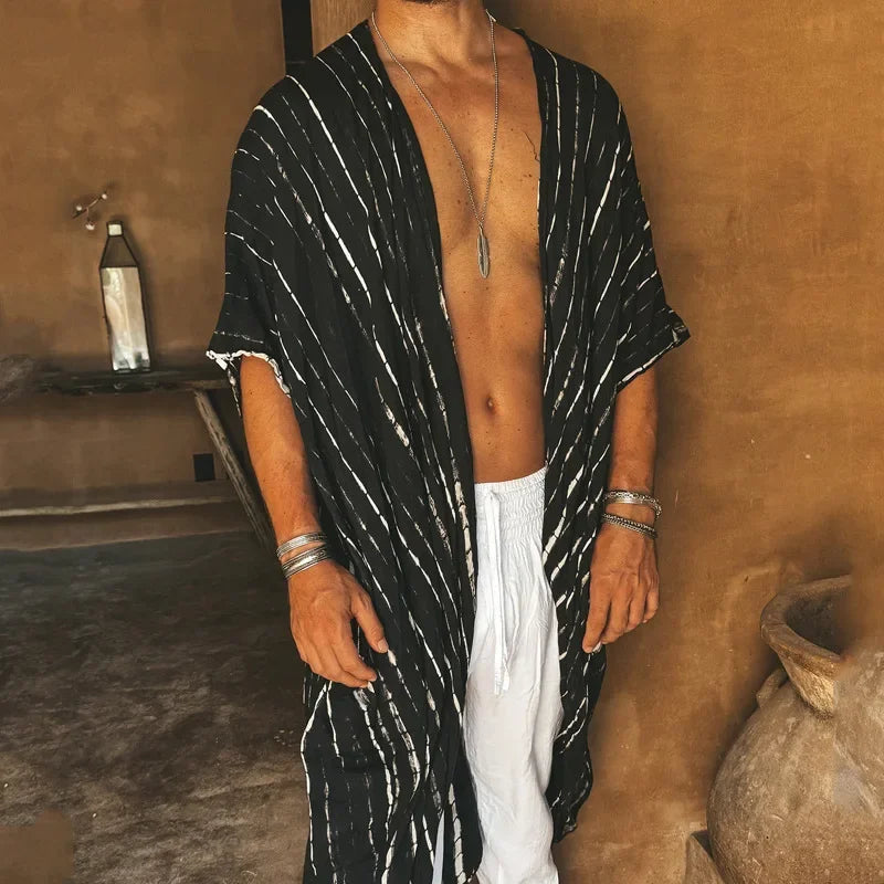 Retro Beach Cardigan Shirt for Men – Lightweight Striped Vacation Pullover with Turn-Down Collar