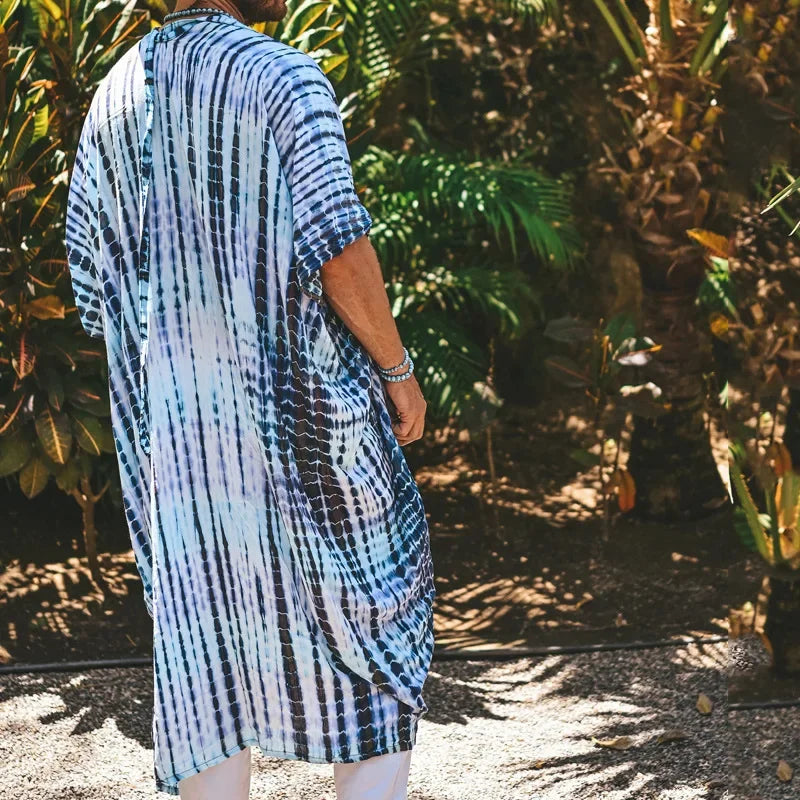 Retro Beach Cardigan Shirt for Men – Lightweight Striped Vacation Pullover with Turn-Down Collar