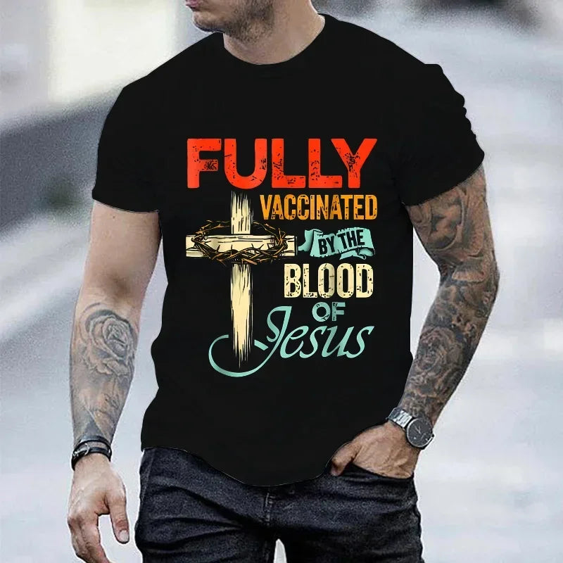 Fully Vaccinated By The Blood of Jesus Faith Christian T-Shirt Black T-shirt Fashion Streetwear for Men Tees