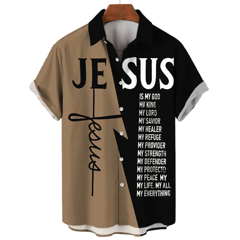 Men’s Jesus Graphic Short Sleeve Shirt – 3D Printed Casual Button-Up, Templar-Inspired Design