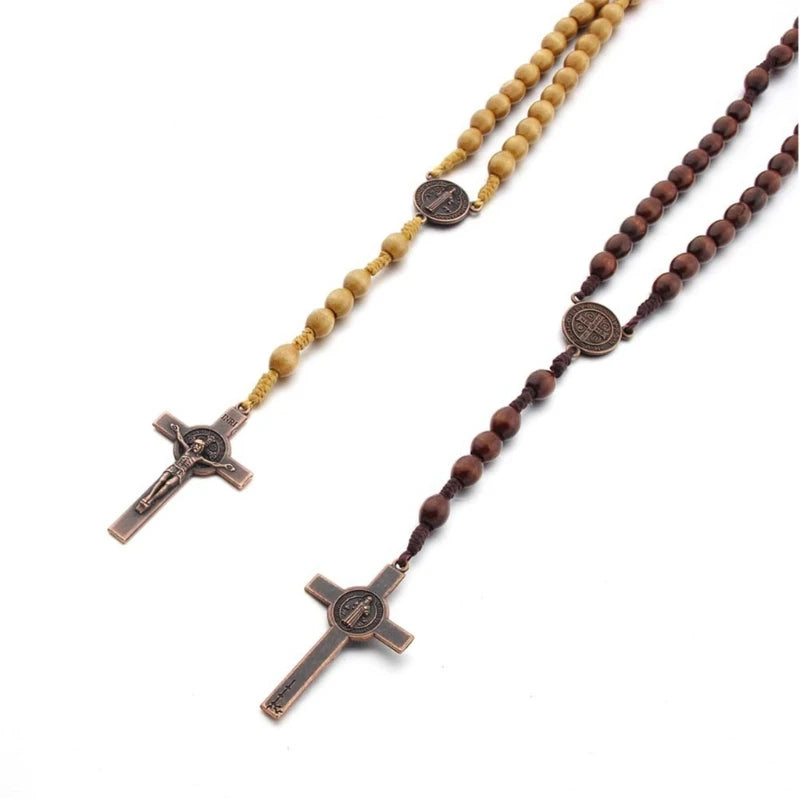 Handmade Wooden Rosary Necklace with Cross Pendant – Catholic Religious Gift for Men & Women, Prayer Necklace
