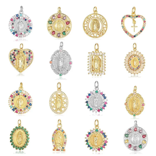 3-Piece Religious Pendant Set – Our Lady & Heart Cross Charms with Cubic Zirconia, Gold or Silver Plated
