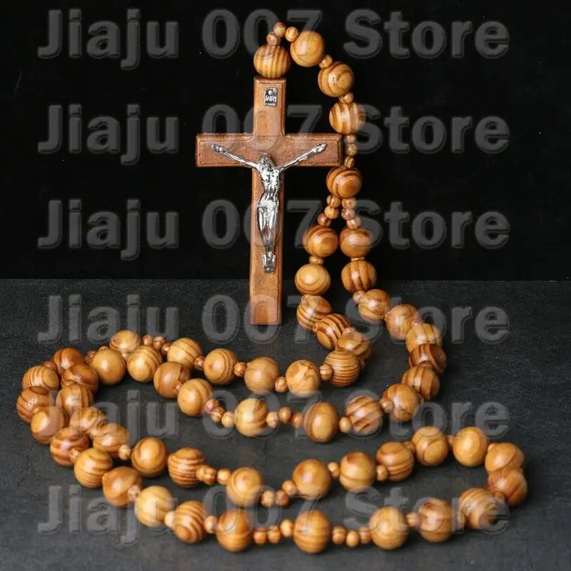 Oversized Wooden Catholic Cross with Rosary Beads - Handcrafted Religious Wall Decor