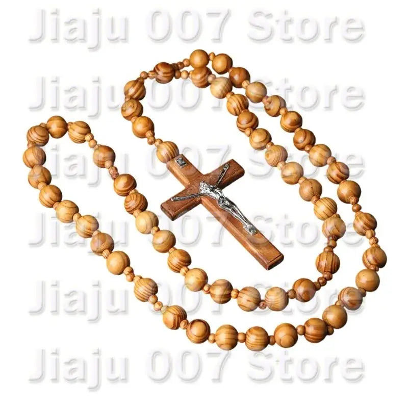 Oversized Wooden Catholic Cross with Rosary Beads - Handcrafted Religious Wall Decor