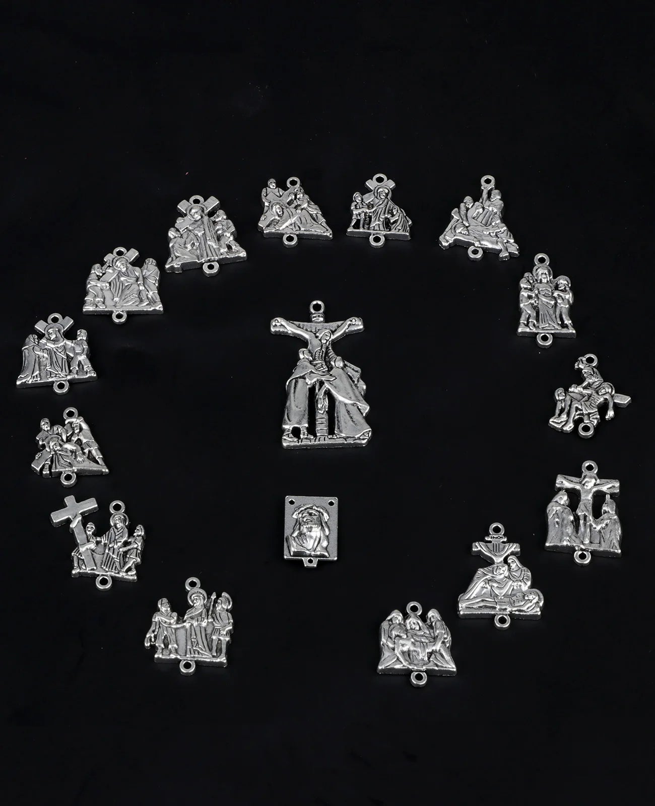 Stations of the Cross 16-Piece Medals Set - Crucifix, Jesus Cross, Crown of Thorns Pendants for Rosary DIY Accessories