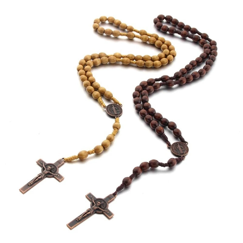 Handmade Wooden Rosary Necklace with Cross Pendant – Catholic Religious Gift for Men & Women, Prayer Necklace