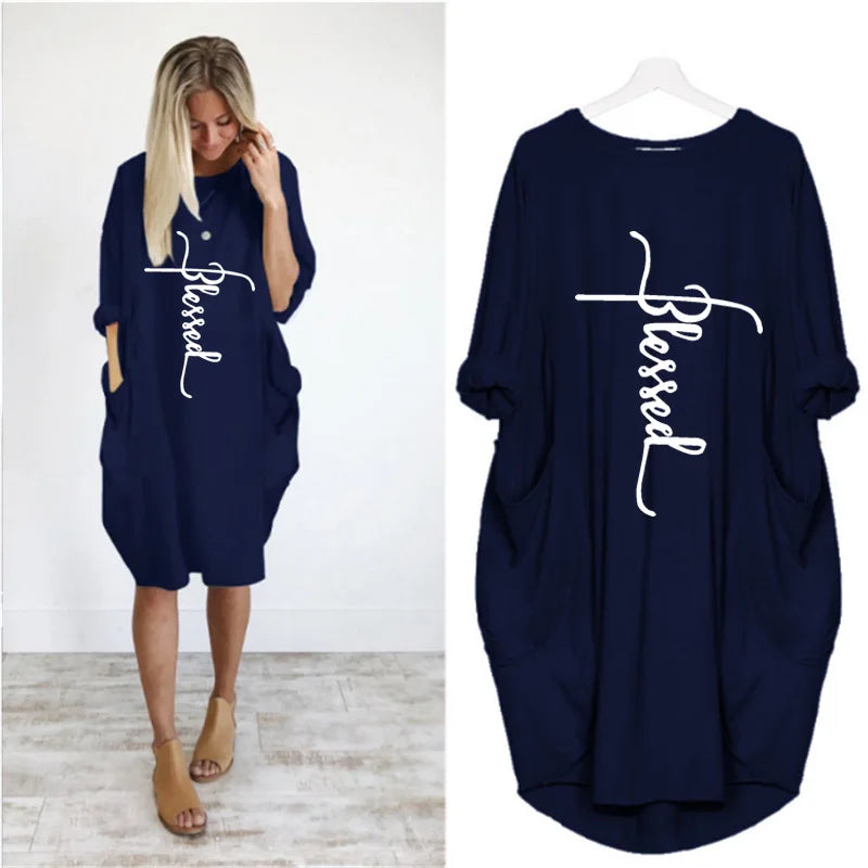 Plus Size Women’s Casual Mini Dress – Short Sleeve O-Neck Loose Fit Dress with Pockets