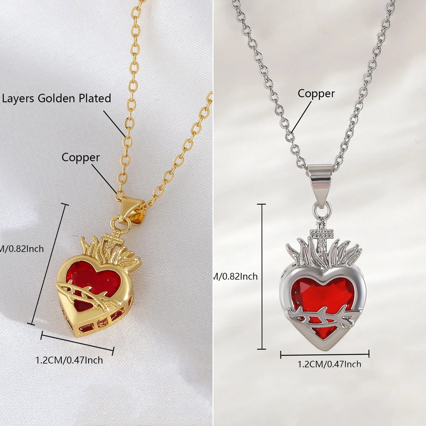 Sacred Heart of Jesus Cross Pendant Necklace with Cubic Zirconia