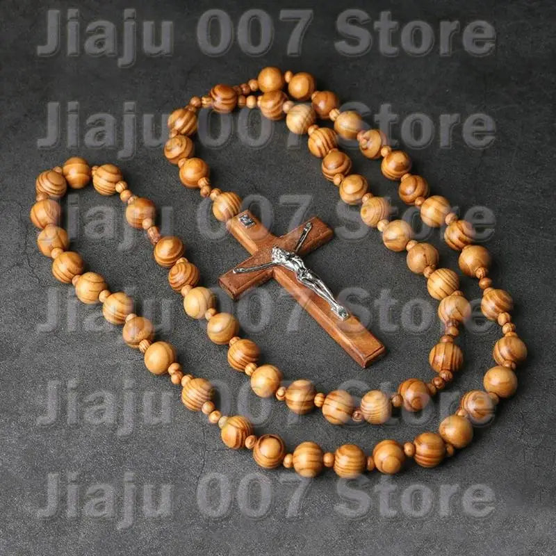 Oversized Wooden Catholic Cross with Rosary Beads - Handcrafted Religious Wall Decor