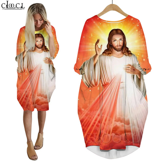 Women’s Jesus Catholic Loose Dress – Knee-Length Casual Long Sleeve Pocket Dress with 3D Printing