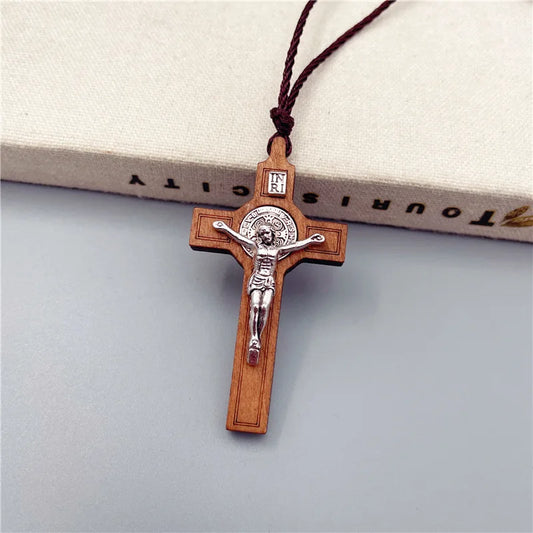 Christian Cross Pendant Necklace – Wood & Metal with Wax Rope Chain – Unisex Religious Jewelry