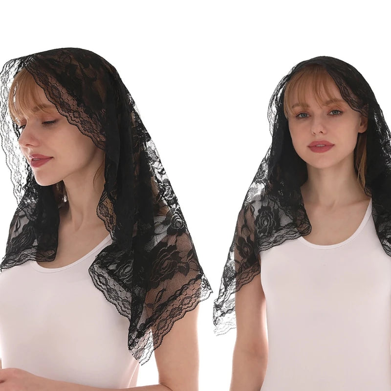 Lace Mantilla Veil Soft and Comfortable 2 Colors Black and White Spanish Style Rose Lace Veil for Head Covering D Shape