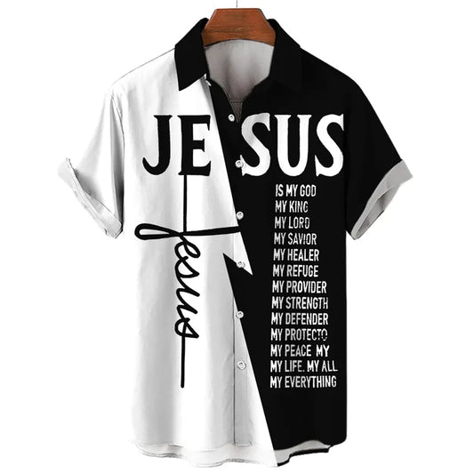 Men’s Jesus Graphic Short Sleeve Shirt – 3D Printed Casual Button-Up, Templar-Inspired Design