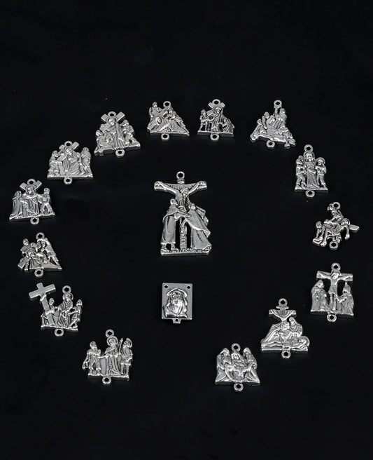 Stations of the Cross 16-Piece Medals Set - Crucifix, Jesus Cross, Crown of Thorns Pendants for Rosary DIY Accessories