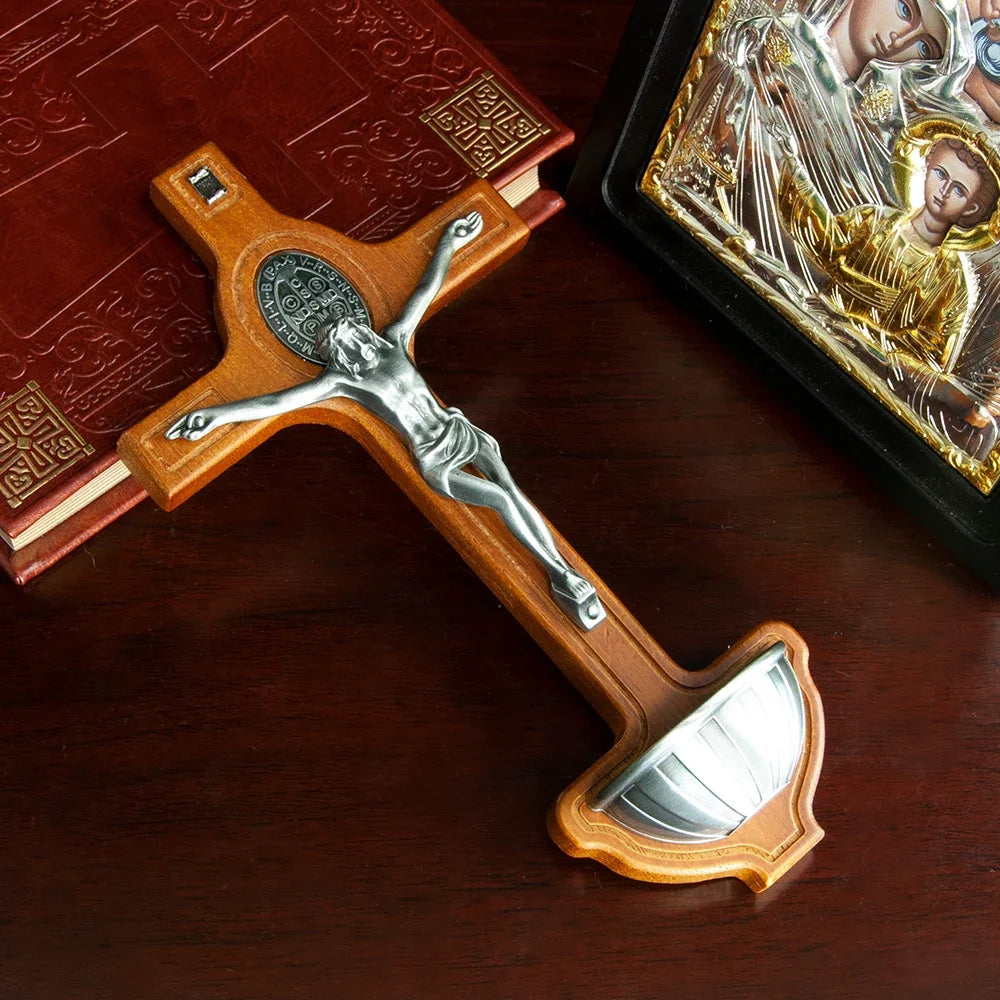 Wall-Mounted Wooden Cross with Water Holder – Traditional Decorative Wood Piece for Home or Chapel