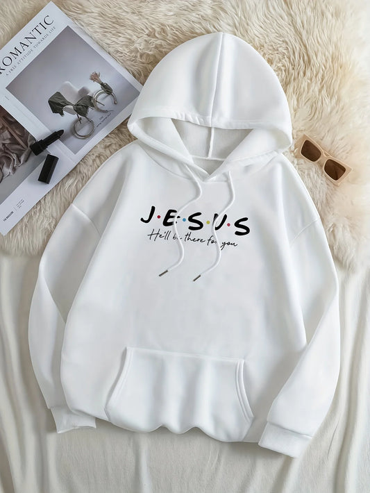 Jesus Print Hoodies with Drawstring & Kangaroo Pocket - Casual Sweatshirt for Spring & Fall, Women's Clothing