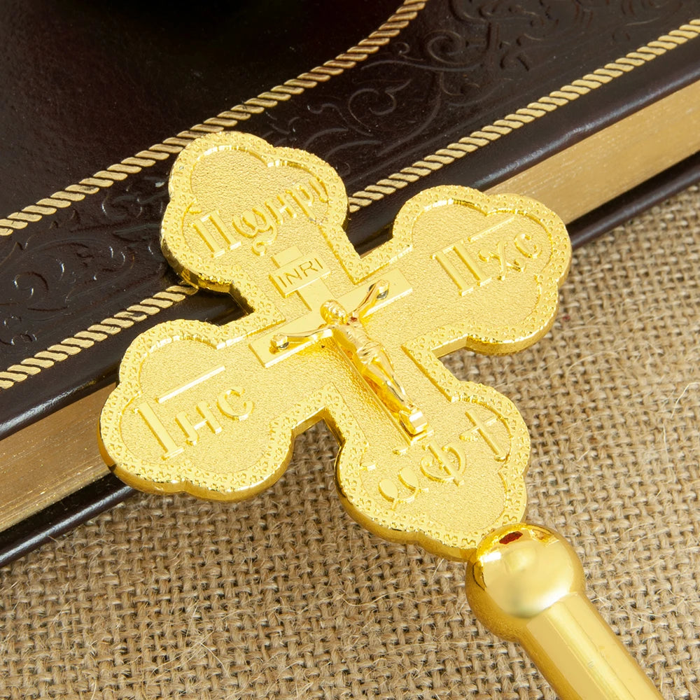 Gold-Tone Metal Cross Figurine with Crystal Accents – Decorative Table Sculpture (Orthodox-Inspired)