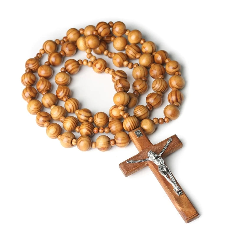 Oversized Wooden Catholic Cross with Rosary Beads - Handcrafted Religious Wall Decor