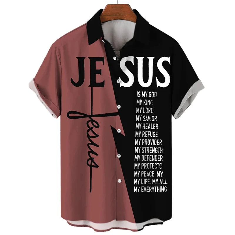 Men’s Jesus Graphic Short Sleeve Shirt – 3D Printed Casual Button-Up, Templar-Inspired Design