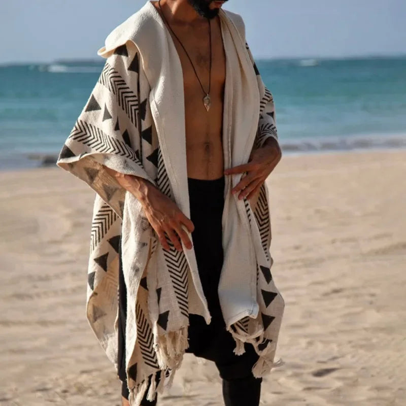 Retro Beach Cardigan Shirt for Men – Lightweight Striped Vacation Pullover with Turn-Down Collar