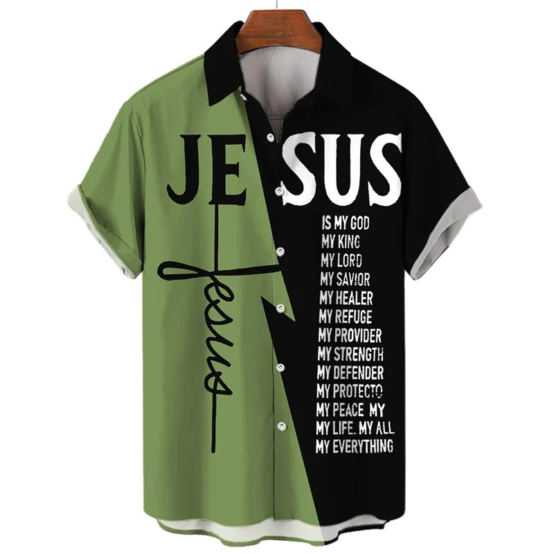Men’s Jesus Graphic Short Sleeve Shirt – 3D Printed Casual Button-Up, Templar-Inspired Design