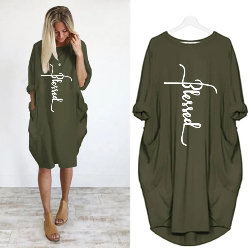 Plus Size Women’s Casual Mini Dress – Short Sleeve O-Neck Loose Fit Dress with Pockets