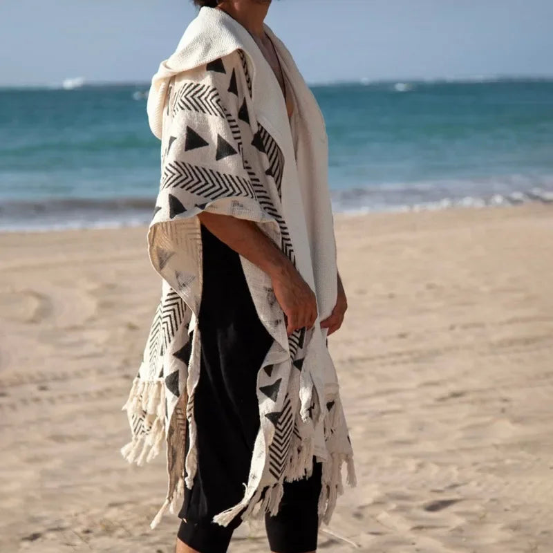 Retro Beach Cardigan Shirt for Men – Lightweight Striped Vacation Pullover with Turn-Down Collar