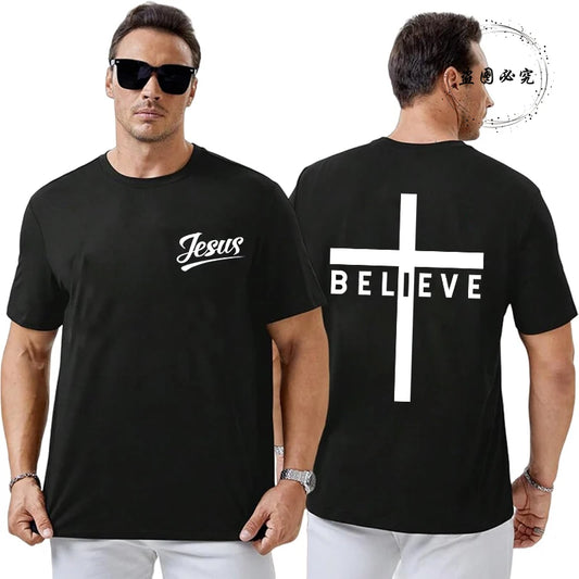 Believe Cross Jesus Graphic Men’s Casual Short Sleeve T-Shirt – Breathable Modal Fabric, Four Seasons Wear