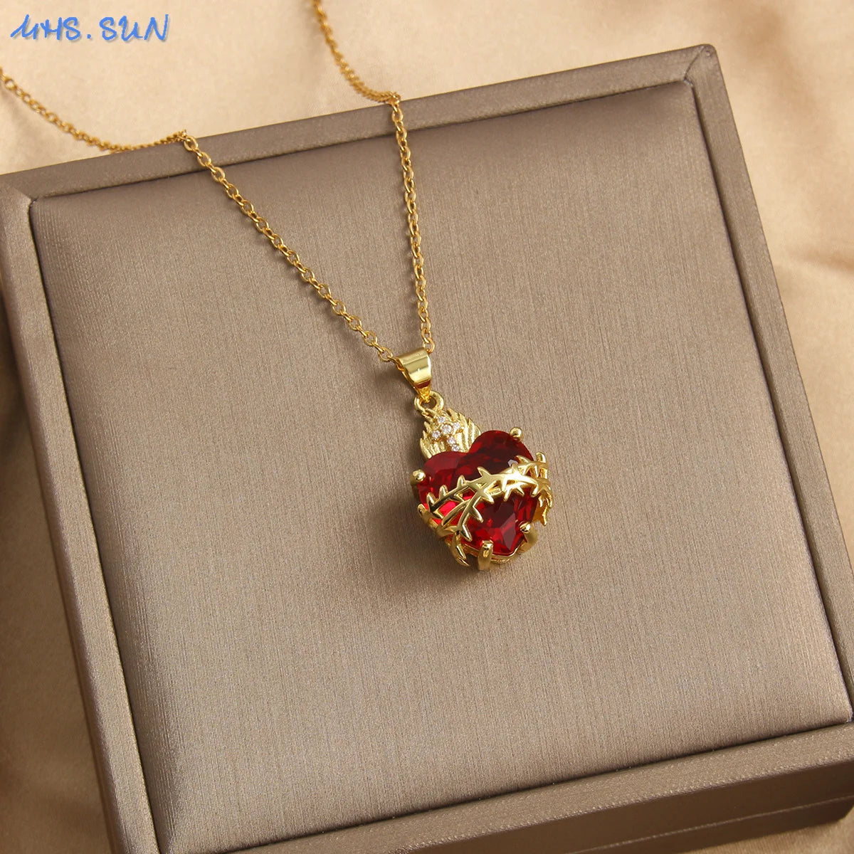Sacred Heart of Jesus Cross Pendant Necklace with Cubic Zirconia