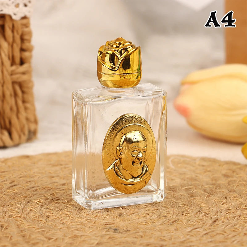Mini Refillable Holy Water Bottle – Glass with Christian Figure & Rosette Cap – 15ml