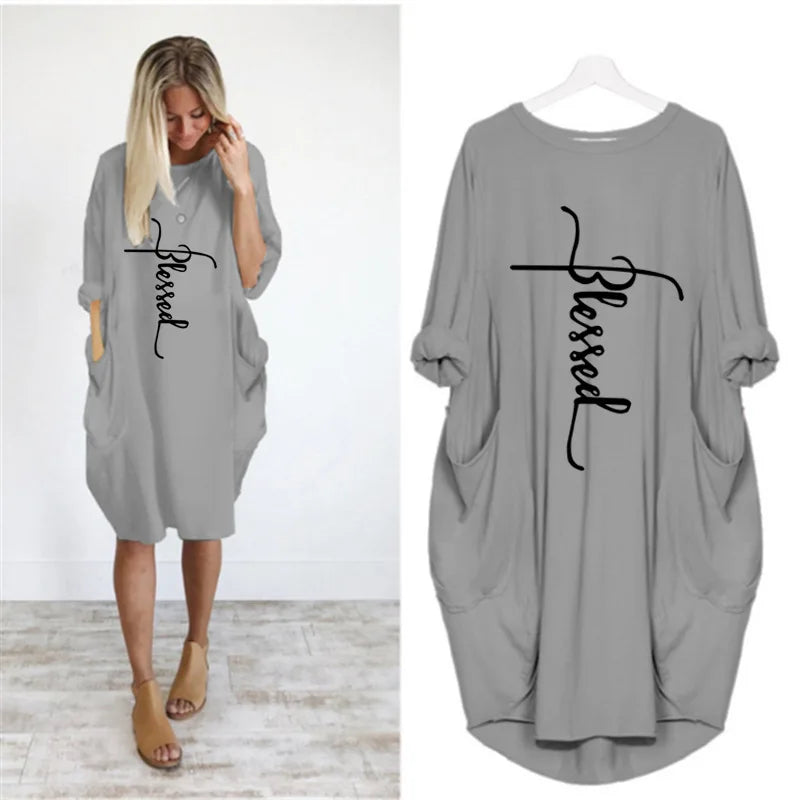 Plus Size Women’s Casual Mini Dress – Short Sleeve O-Neck Loose Fit Dress with Pockets